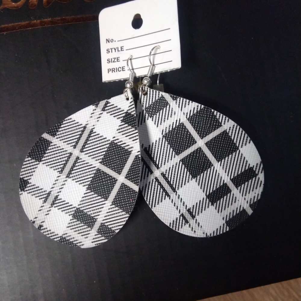 Plaid Black and White Teardrop Earrings